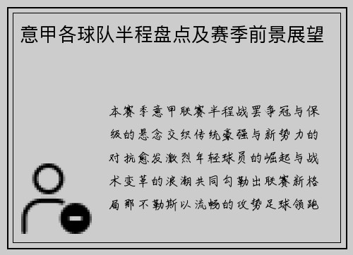 意甲各球队半程盘点及赛季前景展望