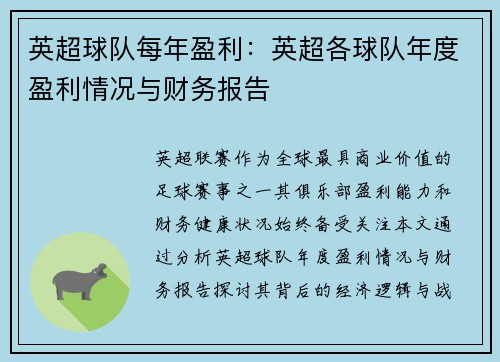 英超球队每年盈利：英超各球队年度盈利情况与财务报告